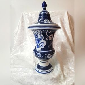 Vintage Blue and White Jar with lid.